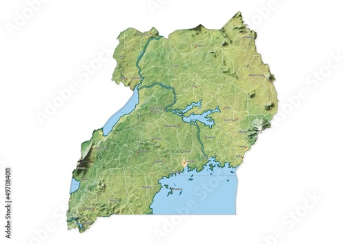 Isolated map of Uganda with capital, national borders, important cities, rivers,lakes. Detailed map of Uganda suitable for large size prints and digital editing.