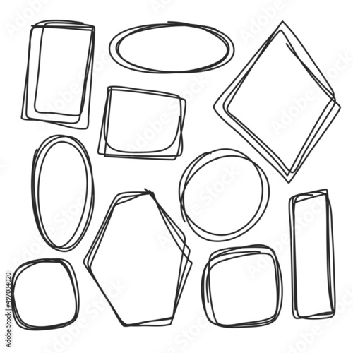 Vector set of scribble doodle frames. Geometric shapes oval, square, circle, rectangle, hexagon, rhombus isolated on white background