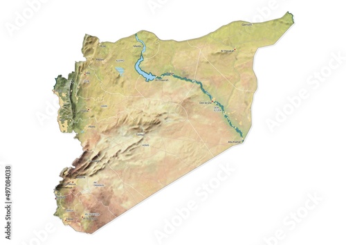 Isolated map of Syria with capital  national borders  important cities  rivers lakes. Detailed map of Syria suitable for large size prints and digital editing.