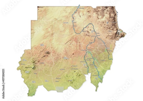 Isolated map of Sudan with capital, national borders, important cities, rivers,lakes. Detailed map of Sudan suitable for large size prints and digital editing. photo