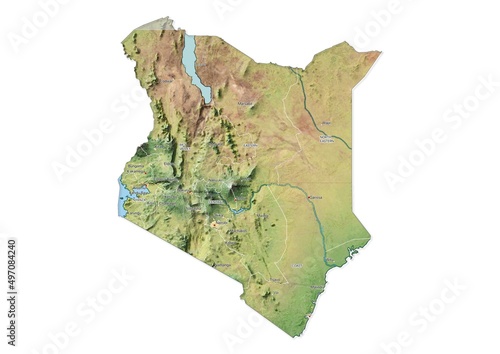 Isolated map of Kenya with capital, national borders, important cities, rivers,lakes. Detailed map of Kenya suitable for large size prints and digital editing. photo