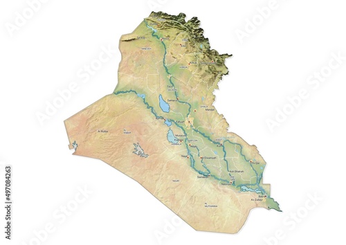 Isolated map of Iraq with capital, national borders, important cities, rivers,lakes. Detailed map of Iraq suitable for large size prints and digital editing. photo