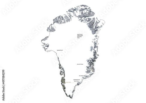 Isolated map of Greenland with capital, national borders, important cities, rivers,lakes. Detailed map of Greenland suitable for large size prints and digital editing. photo