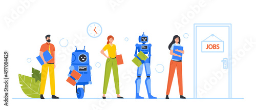 Robots and Human Applicants Characters Stand in Queue Waiting Hiring Interview at Office Hall. Hr, Robotization