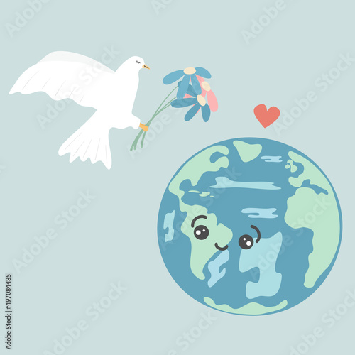 Cute cartoon character planet erath and white dove with colorful daisy flowers vector peace illustration