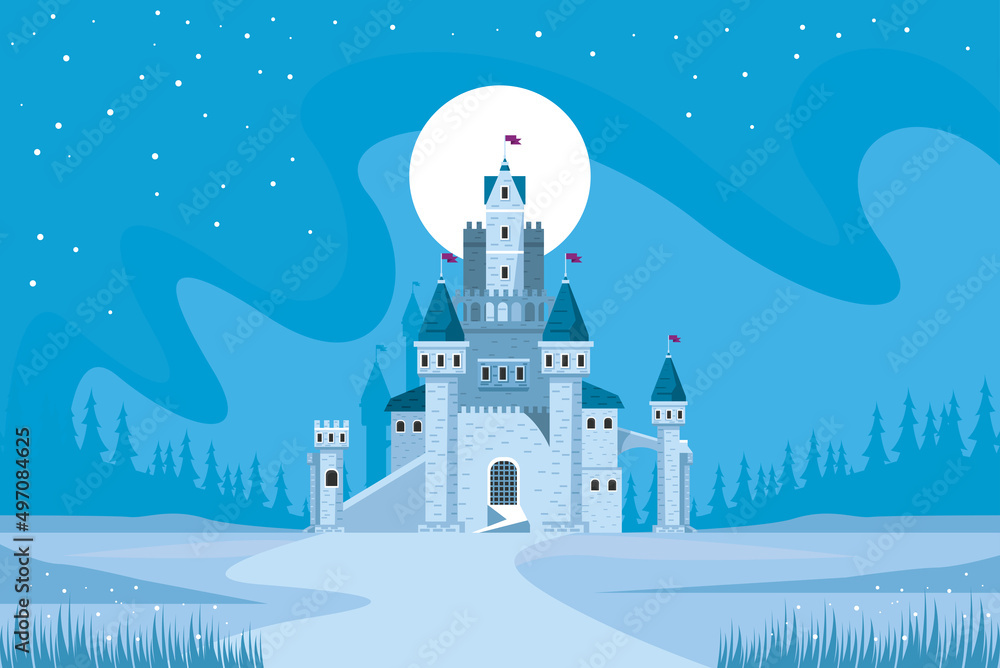 blue castle in snowscape