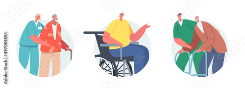 Medical Care of Elderly People Isolated Icons. Medics Help Old Disabled People in Nursing Home. Social Care of Seniors