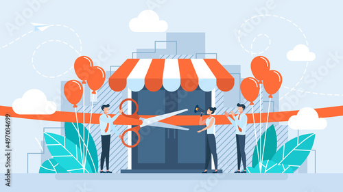Grand opening concept. A businessman holding scissors in his hand cuts a red ribbon. Advertising new business. The ceremony, celebration, presentation and event. Illustration flat design. photo