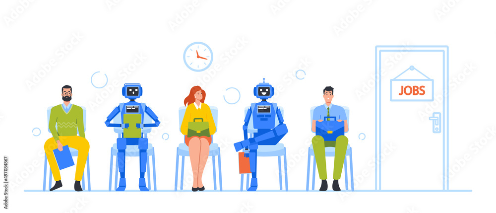 Robots and Human Waiting in Lobby Sitting on Chairs in Line. Characters at Company Hall, Hiring, Interview at Office