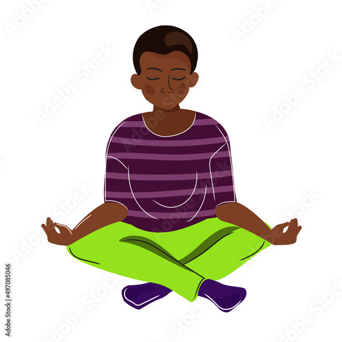 African American Kid doing yoga, meditating.Little boy sitting in lotus position.Children's physical development and Mental health concept.Vector cartoon illustration