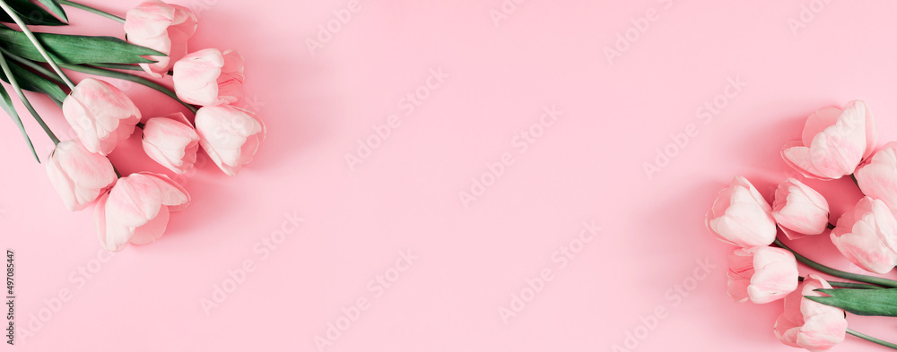 Flowers pink composition. Flowers pink tulips on pastel pink background. Wedding. Birthday. Happy womens day. Mothers Day. Valentine's Day. Flat lay, top view, copy space