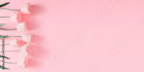 Flowers pink composition. Flowers pink tulips on pastel pink background. Wedding. Birthday. Happy womens day. Mothers Day. Valentine's Day. Flat lay, top view, copy space © prime1001