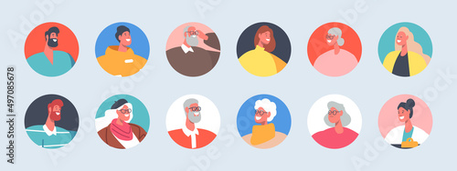 Set of People Avatars, Teens, Senior, Young and Mature Men or Women Portraits, Isolated Round Icons, Characters Faces