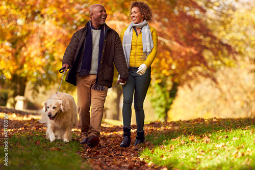 Senior Couple Walking With Pet Golden Retriever Dog In Autumn Countryside
