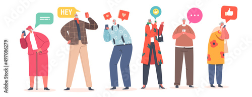 Set of Elderly People Communicate in Social Networks. Senior Male Female Characters with Mobile Phones Browsing Internet