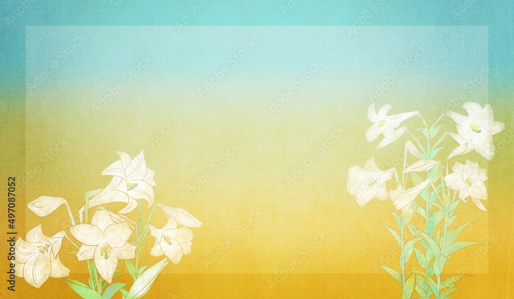 白百合 イースターリリー テッポウユリ の咲く浮世絵風グラデーション背景イラストウクライナカラー Stock Illustration Adobe Stock