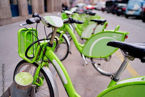 City bikes rent parking. Shared bicycle concept.