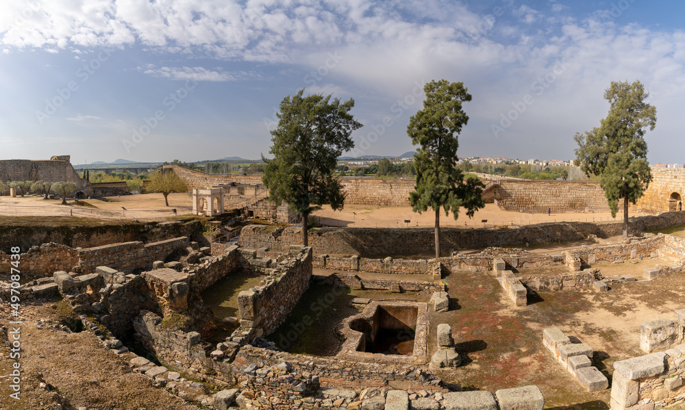 inner courtyard view of ruins and wall of the Merida fortress in Extremadura