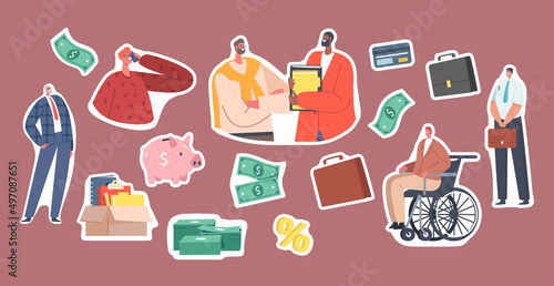 Set of Stickers Diverse Group of Business People, Male Characters Team, Disabled and Healthy Entrepreneurs