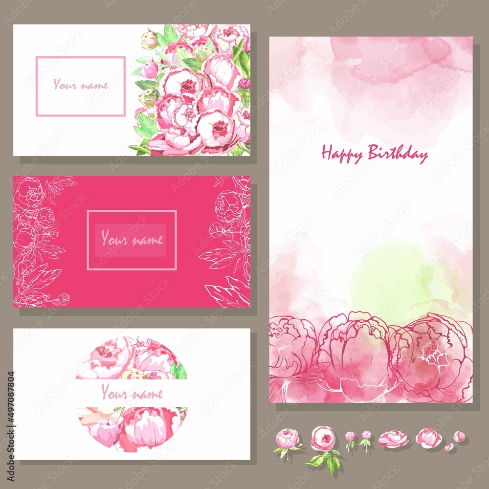three cards and a card with peonies