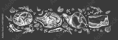 pieces of meat and spices in chalk on a gray background graphic illustration of four types of meat, peas, chili peppers, rosemary, slices of pepper, cloves of garlic, half an onion, white outline on a