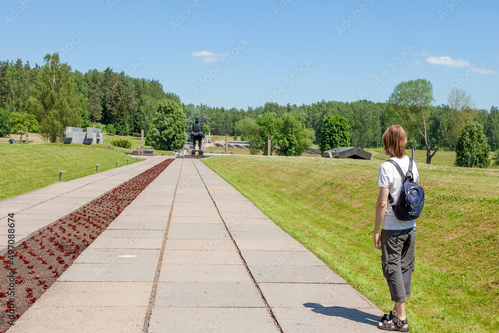 Fototapeta premium Solo young tourist vacation Khatyn park of memory second world war