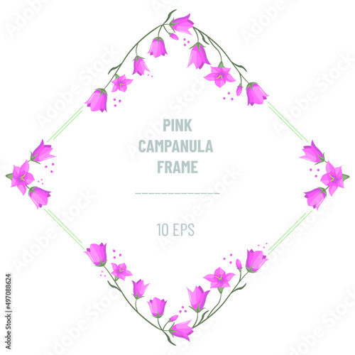 Thin decorative rhombus frame, pinkbells flowers elements. Vector floral illustration with pink campanulas on white background; perfect for greeting card, posters, banners and packaging.