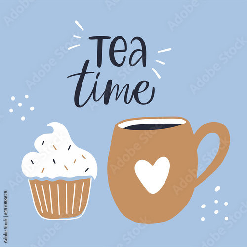 Vector calligraphy illustration. Slogan of Tea time. Retro icon of cute golden cup with heart and sweet cupcake. Concept for teahouse  delivery  cafe  restaurant. Tee shirt graphic  poster  print.