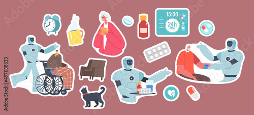 Set of Stickers Robots Help Elderly People. Futuristic Technology for Seniors. Ai Cyborg Walk with Old Man on Wheelchair