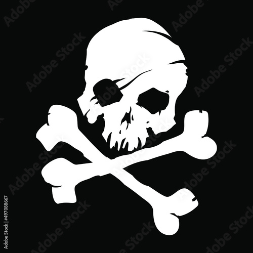 White skull with crossed bones icon illustration. Comic style. T-shirt print for Horror or Halloween. Hand drawing illustration isolated on black background. Vector EPS 10.