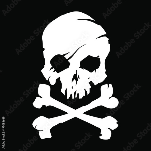 White skull with crossed bones icon illustration. Comic style. T-shirt print for Horror or Halloween. Hand drawing illustration isolated on black background. Vector EPS 10.