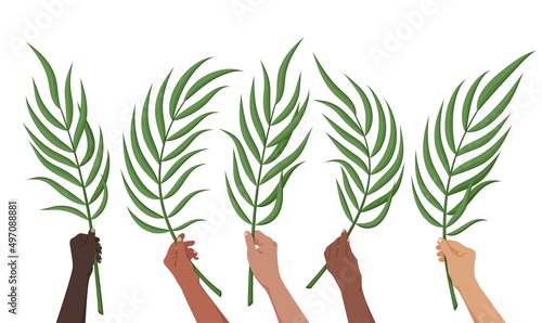 Hands holding palm leaves. Believers celebrate the Entry of the Lord into Jerusalem. Christian religious symbol of Palm Sunday holiday. Palm branch christian religious holiday symbol. Vector 