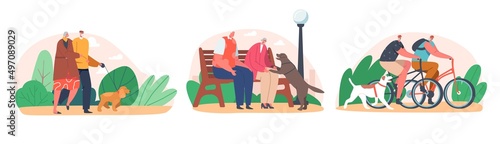 Elderly Couple Walk with Dog in Park. Aged Male and Female Characters Couple Relaxed Promenade, Sit on Bench with Pet