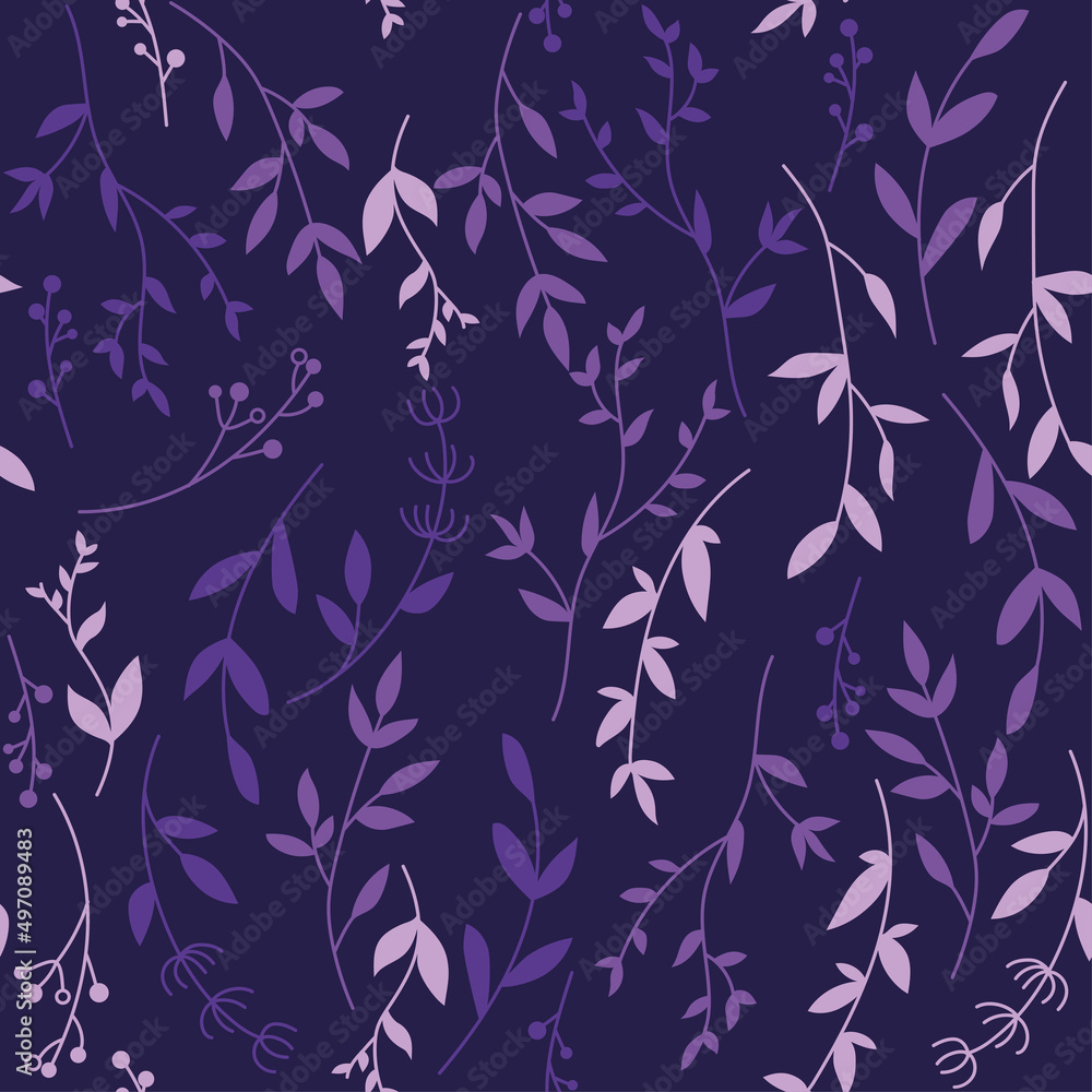 Fototapeta premium Vintage violet leaves pattern on navy violet background. Floral trendy illustration. For textile, wallpaper, background, wrapping paper. 