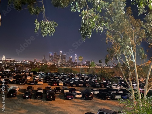 Los Angeles City SKyline from Dodgers Stadium on a beautiful clear evening.   photo