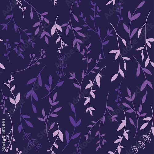 Vintage violet leaves pattern on navy violet background. Floral trendy illustration. For textile, wallpaper, background, wrapping paper. 