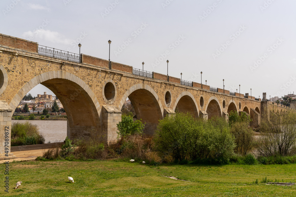 Fototapeta premium the historic 15-century Puente de Palmas Bridge with a view of the Old Town through one of the arches