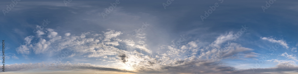evening dark blue sky hdr 360 panorama with white beautiful clouds in seamless projection with zenith for use in 3d graphics or game development as sky dome or edit drone shot for sky replacement