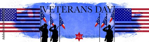 Veterans Day background poster banner greeting card background template - American flags and silhouette of armed american soldiers, isolated on blue aquarelle texture photo