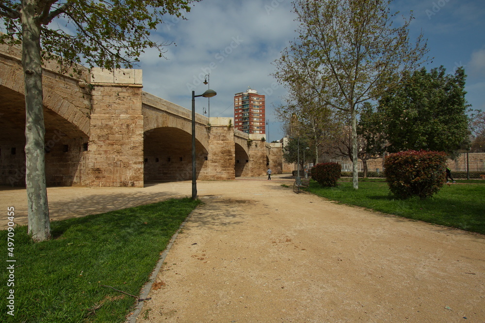 Bridge Pont dels Serrans over old riverbed of river Turia in Valencia,Spain,Europe
