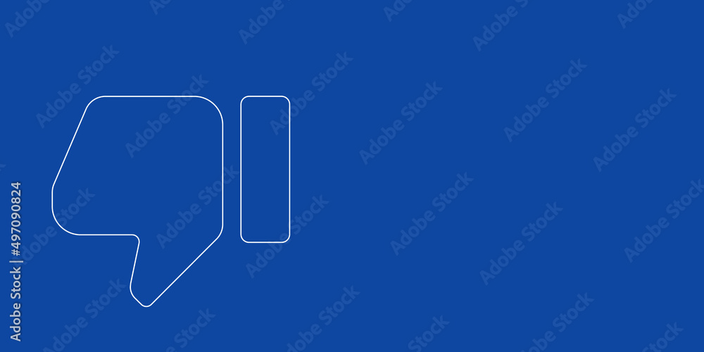A large white outline thumb down symbol on the left. Designed as thin white lines. Vector illustration on blue background A large white outline thumb down symbol on the left. Designed as thin white lines. Vector illustration on blue background