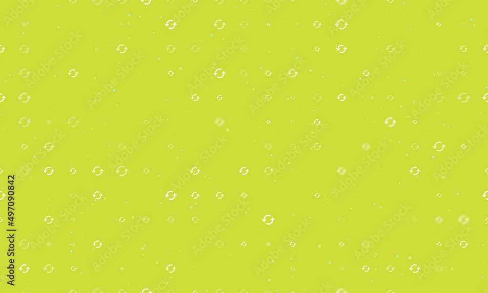 Seamless background pattern of evenly spaced white refresh symbols of different sizes and opacity. Vector illustration on lime background with stars Seamless background pattern of evenly spaced white refresh symbols of different sizes and opacity. Vector illustration on lime background with stars