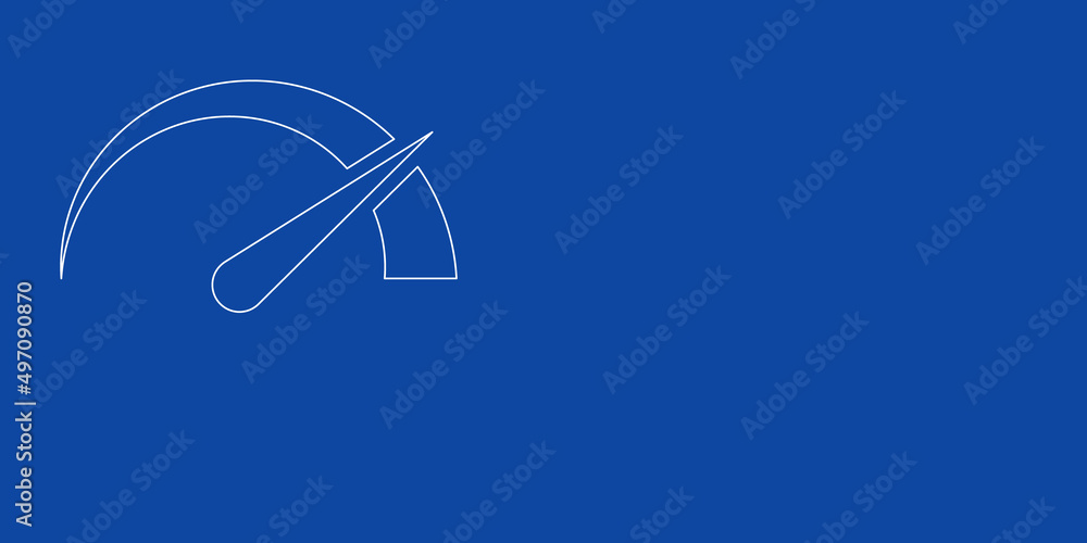 A large white outline tachometer symbol on the left. Designed as thin white lines. Vector illustration on blue background