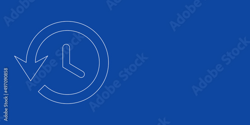 A large white outline time back symbol on the left. Designed as thin white lines. Vector illustration on blue background