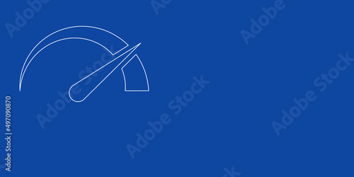 A large white outline tachometer symbol on the left. Designed as thin white lines. Vector illustration on blue background