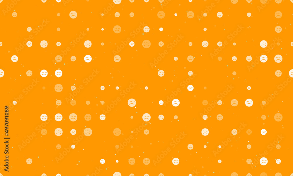 Seamless background pattern of evenly spaced white depression symbols of different sizes and opacity. Vector illustration on orange background with stars Seamless background pattern of evenly spaced white depression symbols of different sizes and opacity. Vector illustration on orange background with stars