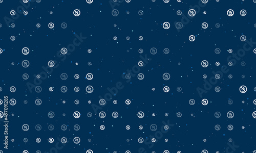 Seamless background pattern of evenly spaced white no gas symbols of different sizes and opacity. Vector illustration on dark blue background with stars