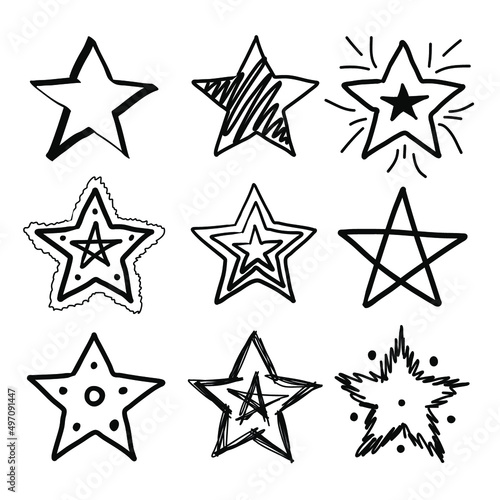 Set of black hand drawn doodle stars in isolated. Can be used as a template or as a standalone element  icons. Marker brush sketches. Doodle sketch style. Collection of stars