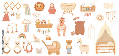Vector hand-drawn boho-style clipart for decorating a children's room with a baby, a crib and a stroller, toys. Perfect for children's room, birthday party, children's party.