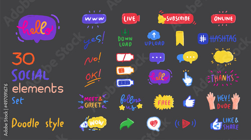 social medeia elements doodle style vector set